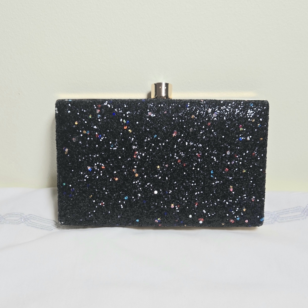 Elegant Black Glitter Clutch With Optional Gold Crossbody Chain